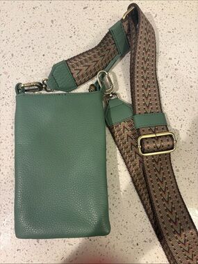 Green Leather Crossbody Purse with Decorative Strap and Cellphone Pocket